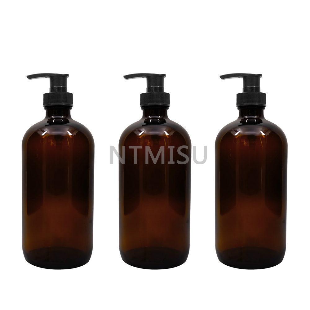 16OZ Amber Boston Round Glass Bottle with Pump