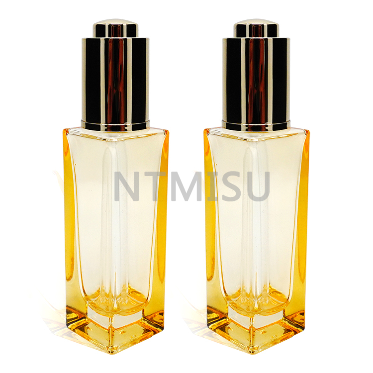 Luxury 30ml Orange Square Glass Bottle with Gold Aluminum Press Dropper