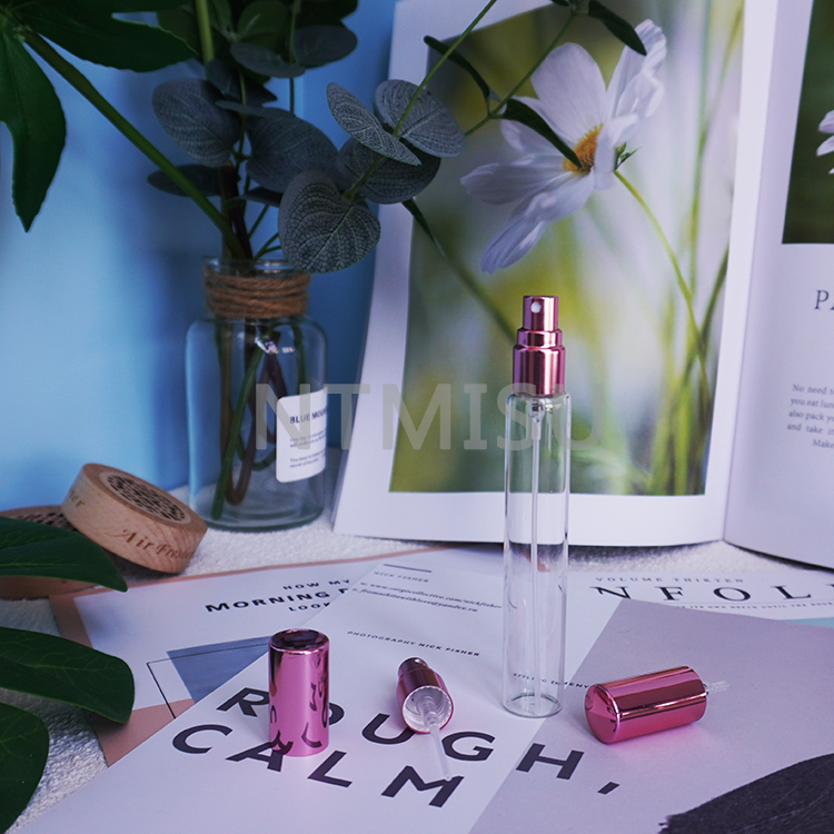 10ml Brilliant Slim Glass Perfume Bottle with Shiny Pink Rose Golden Fine Mist Sprayer