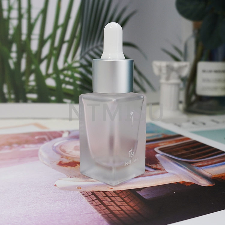 Brilliant 15ml Transparent Square Frosted Glass Matte Silver Dropper Bottle Sets 
