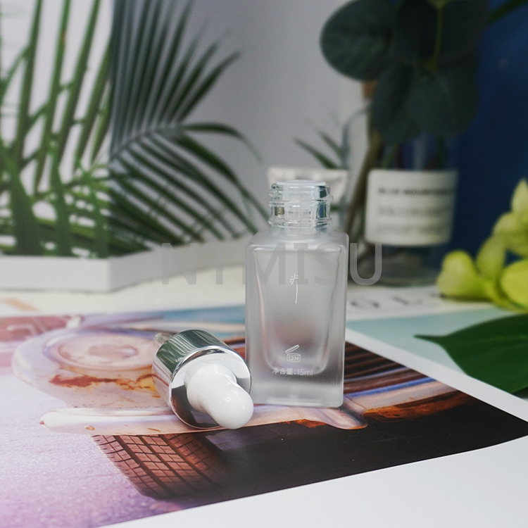 15ml Square Frosted Glass Shiny Silver Silicone Head Dropper Bottle Sets