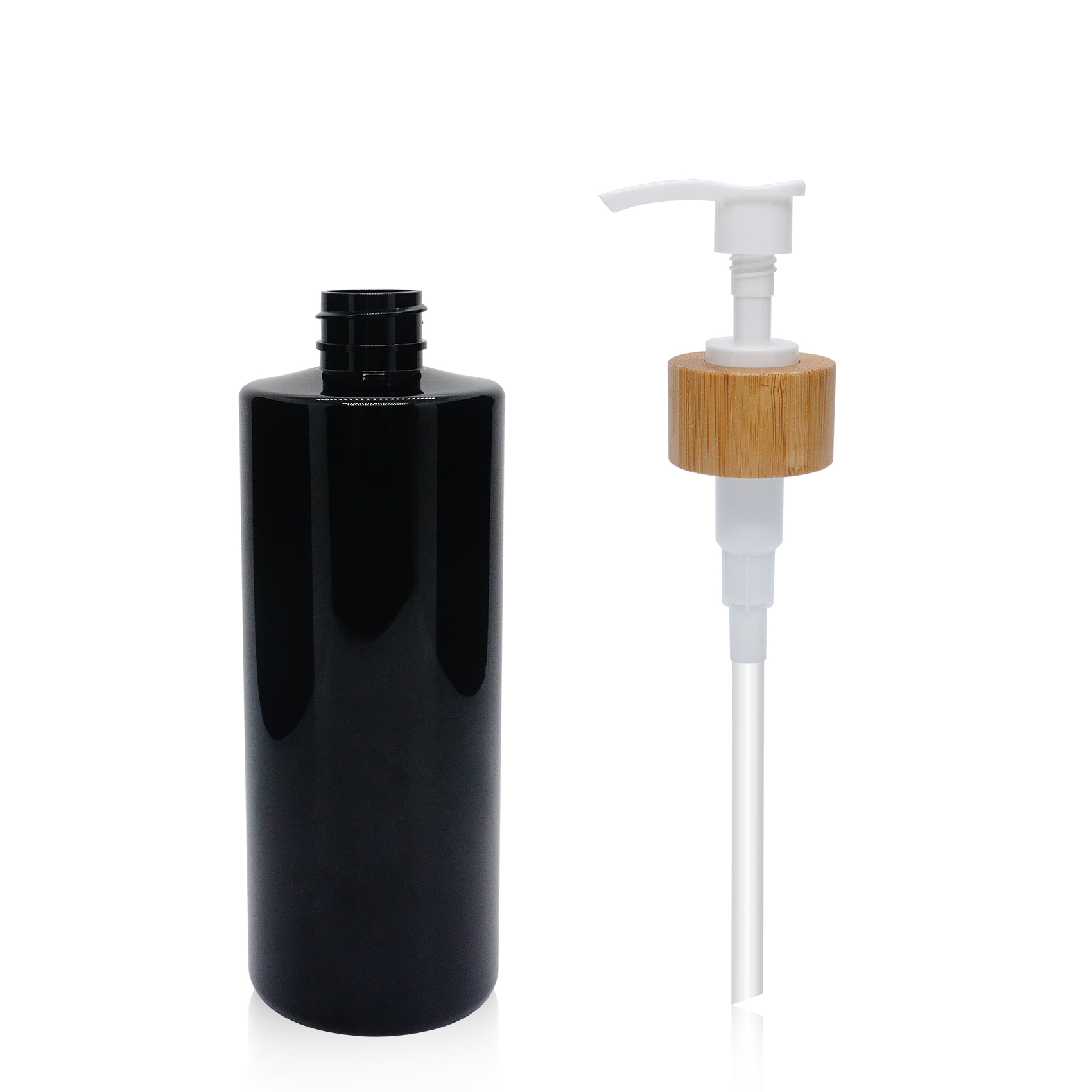 Black Cylinder Bottle with Bamboo Lotion Pump