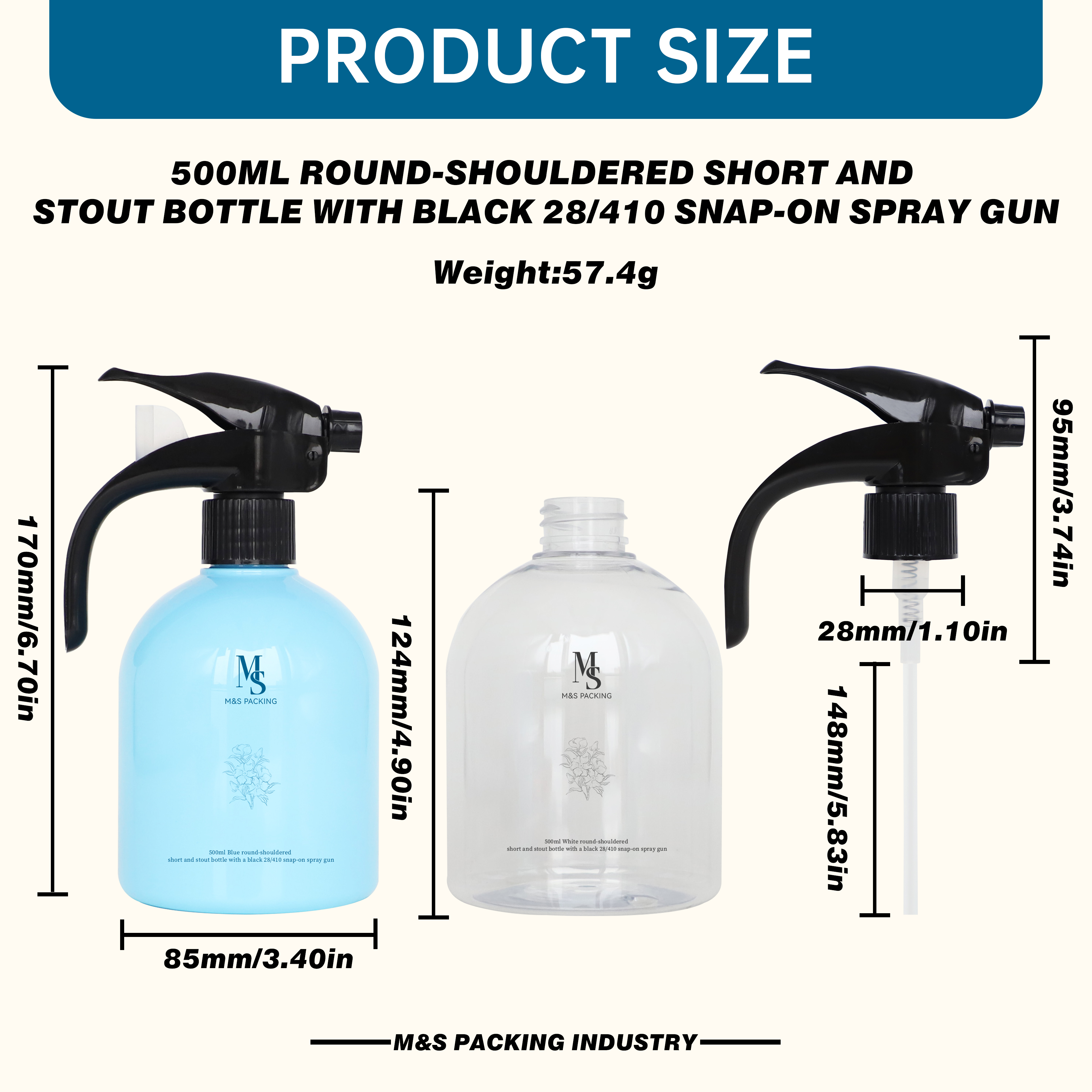 500ml Short Stout Round Shoulder PET Bottle With Black 28/410 Buckle Trigger Sprayer