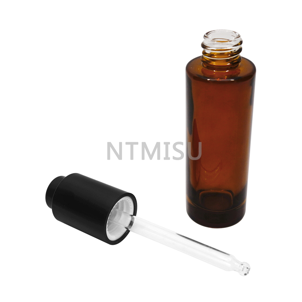 30ml Amber Flat Shoulder Glass Bottle with Black 18 410 Press Button Dropper