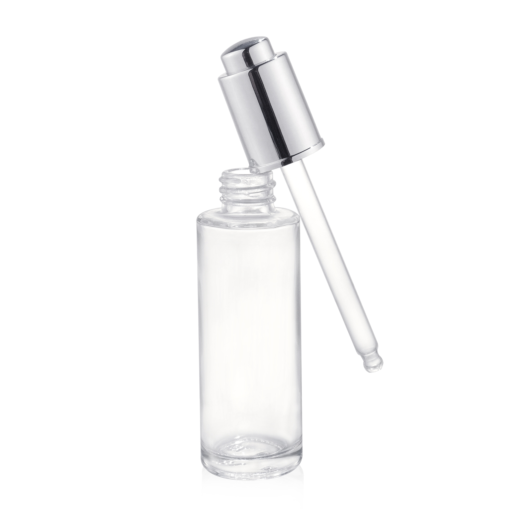 30ml Clear Cylinder Glass Bottle with Aluminum Press Button Dropper