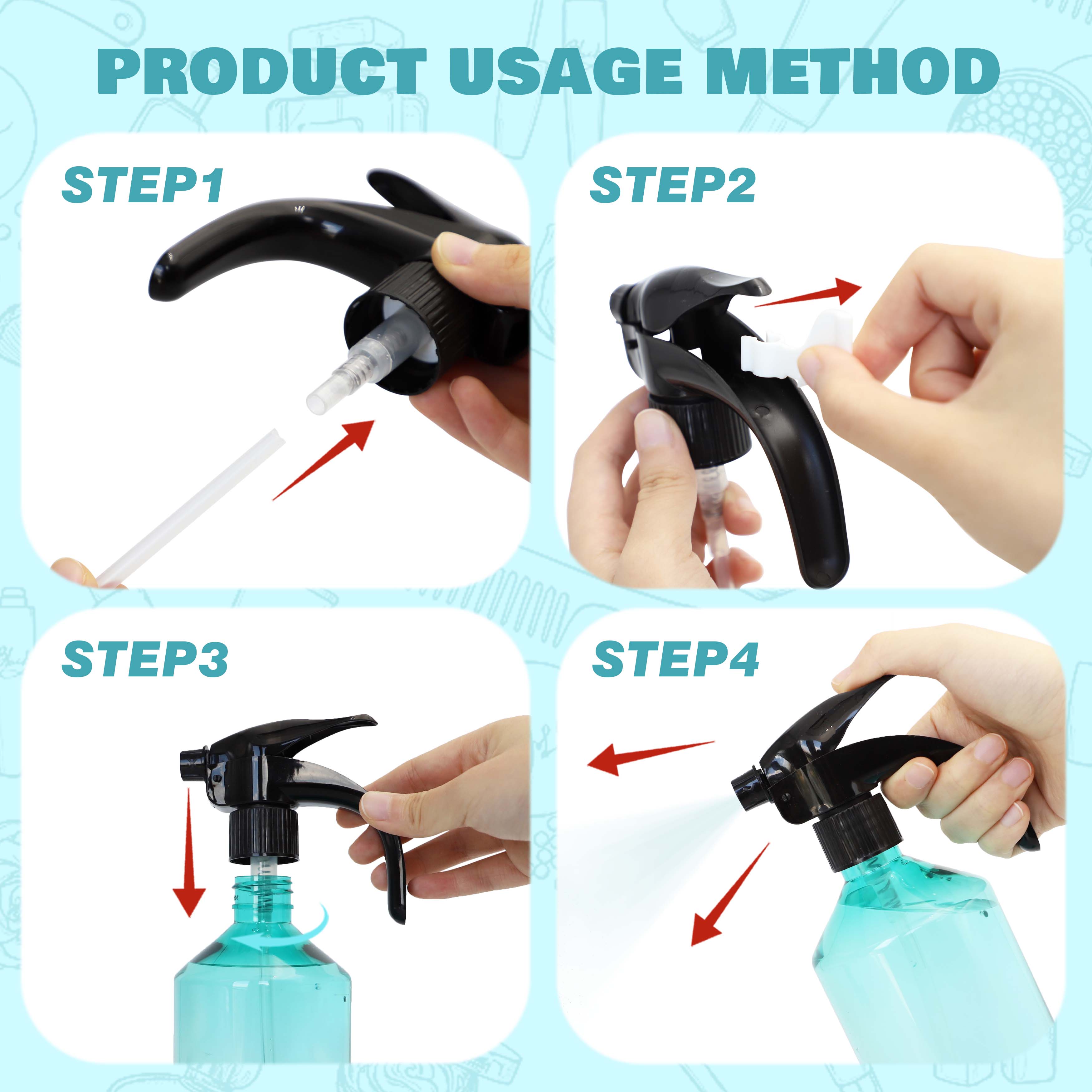 Reusable Durable 28/410 Plastic Trigger Sprayer, Single Hand Press, Ribbed Closure, Eco-Friendly Refillable for Home Chemical Bottles