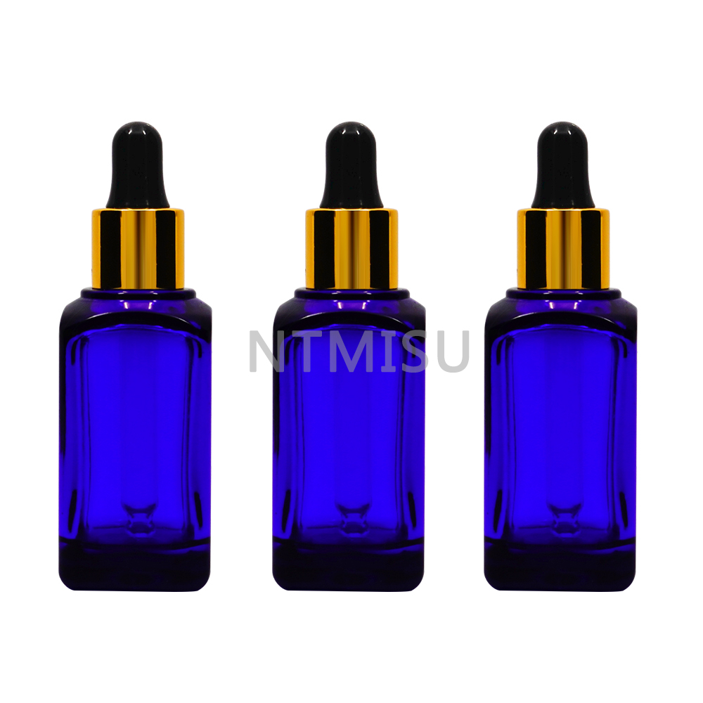 High Quality Blue Square 15ml Glass Essential Oil Bottle With Silicone Dropper