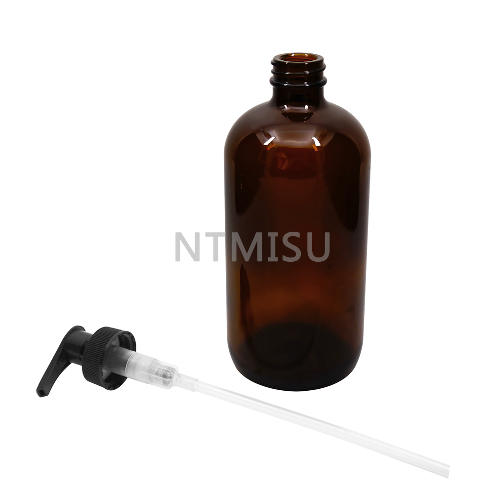 16OZ Amber Boston Round Glass Bottle with Pump