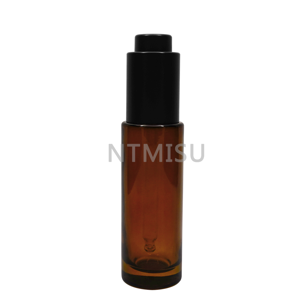 30ml Amber Flat Shoulder Glass Bottle with Black 18 410 Press Button Dropper