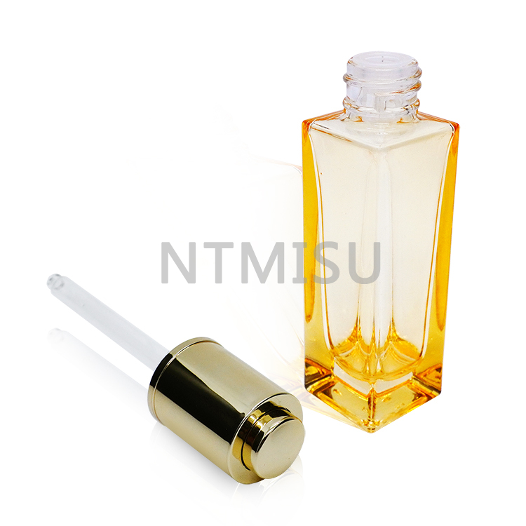Luxury 30ml Orange Square Glass Bottle with Gold Aluminum Press Dropper