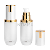 Luxury UV Plating Golden 45ml Flat Shoulder Shaped Glass Lotion Bottle with pump dispenser