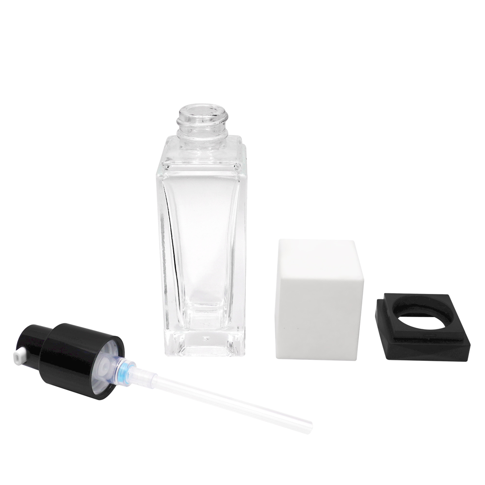 New Product 35ml Cuboid Glass Bottle With Black Cream Pump