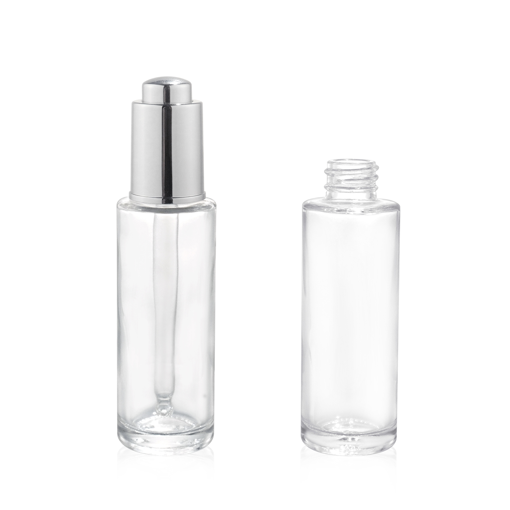 30ml Clear Cylinder Glass Bottle with Aluminum Press Button Dropper