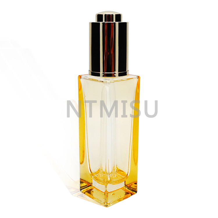 Luxury 30ml Orange Square Glass Bottle with Gold Aluminum Press Dropper
