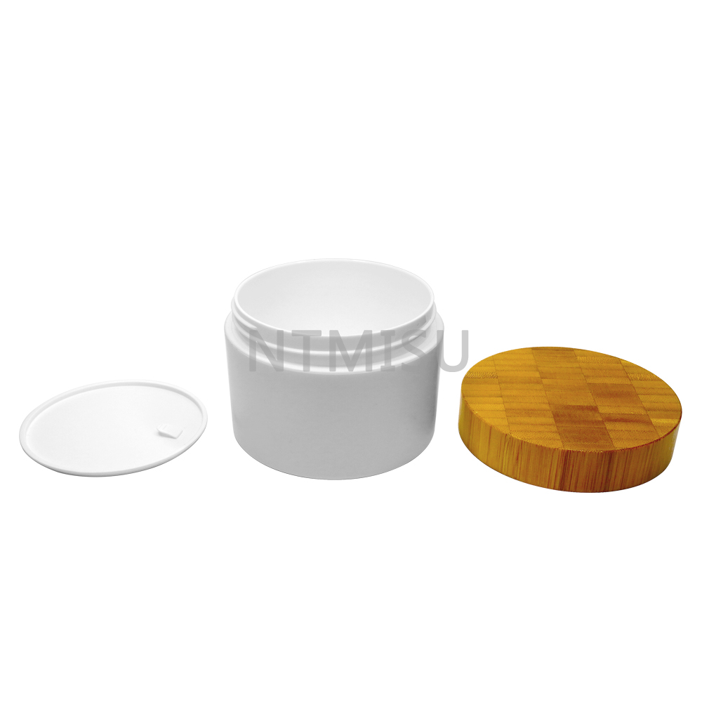 250g Plastic Double Wall Cream Jar with Bamboo Lids for Skin Care
