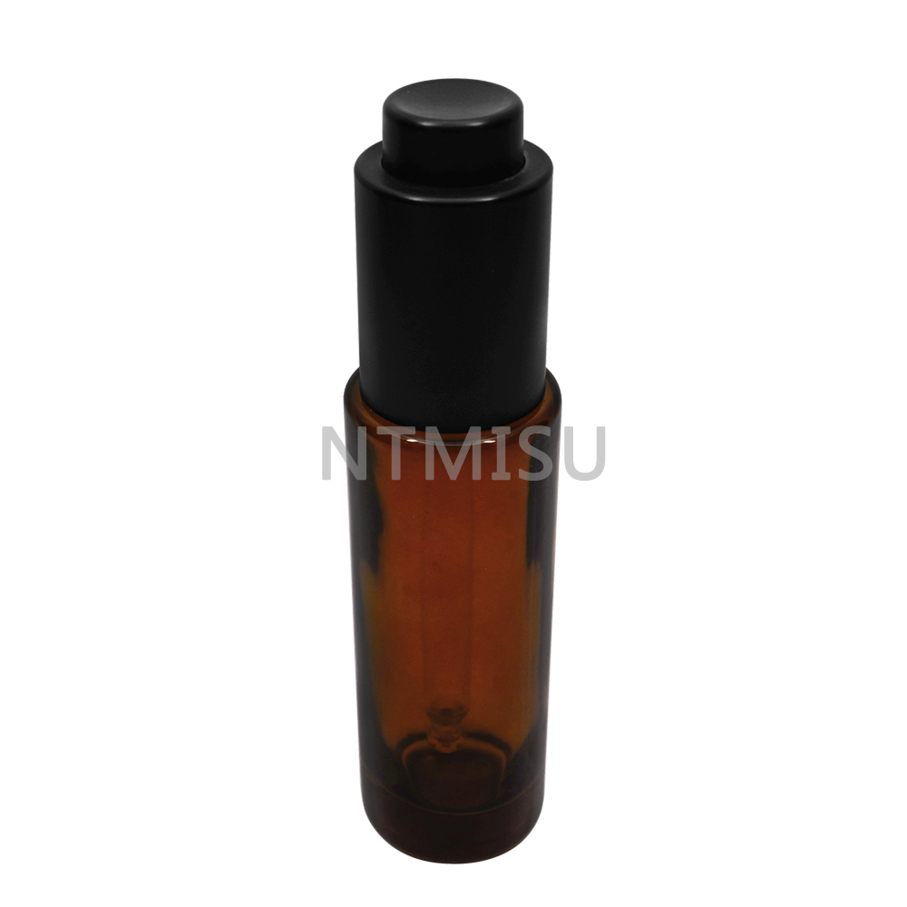 30ml Amber Flat Shoulder Glass Bottle with Black 18 410 Press Button Dropper