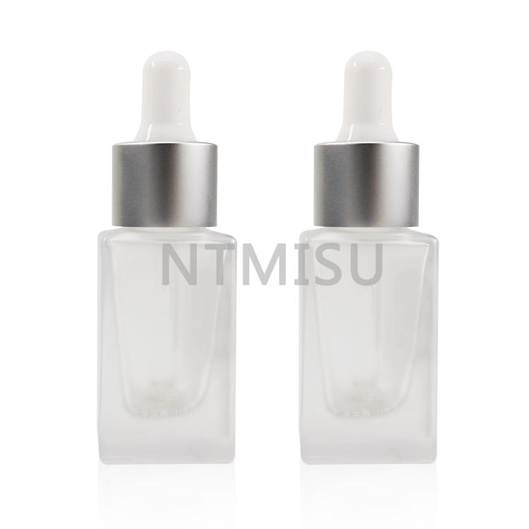 Brilliant 15ml Transparent Square Frosted Glass Matte Silver Dropper Bottle Sets 