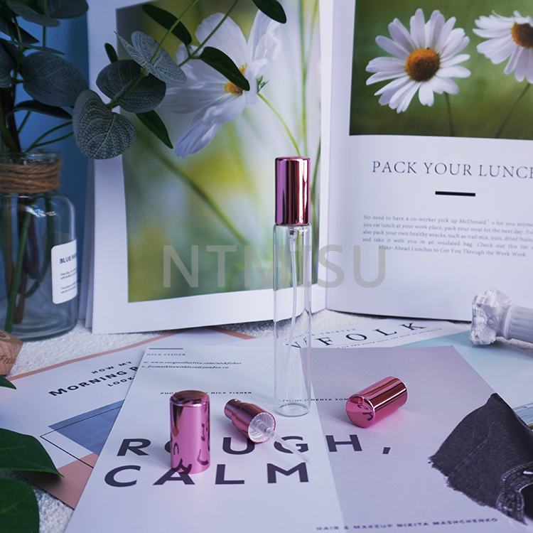 10ml Brilliant Slim Glass Perfume Bottle with Shiny Pink Rose Golden Fine Mist Sprayer