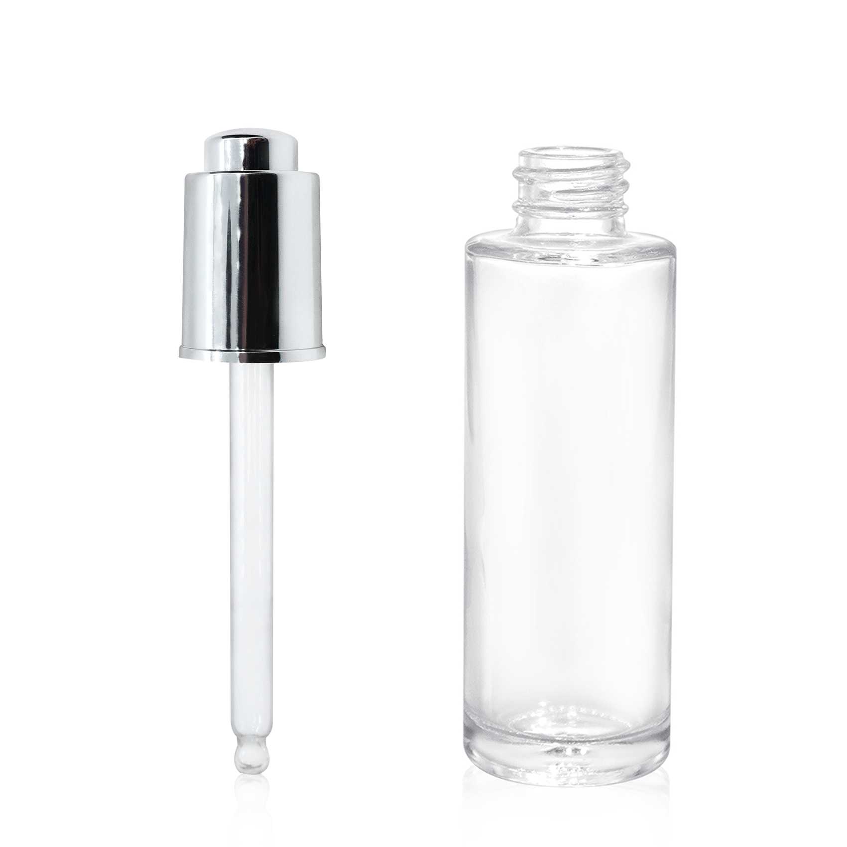 30ml Clear Cylinder Glass Bottle with Aluminum Press Button Dropper
