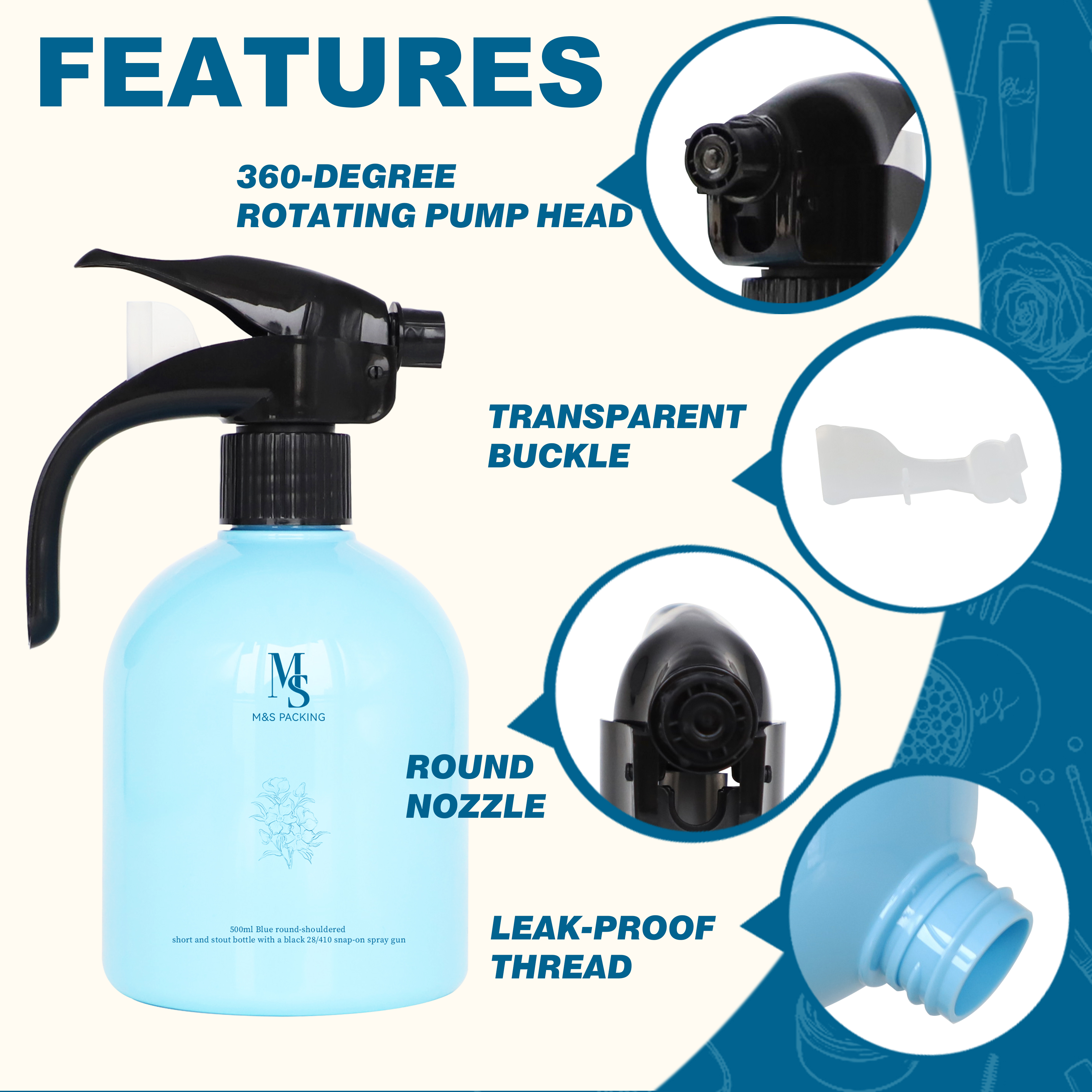 500ml Short Stout Round Shoulder PET Bottle With Black 28/410 Buckle Trigger Sprayer
